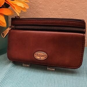 FOSSIL Explorer Fold Over Leather Wallet Clutch Organizer Leather Brown Vintage